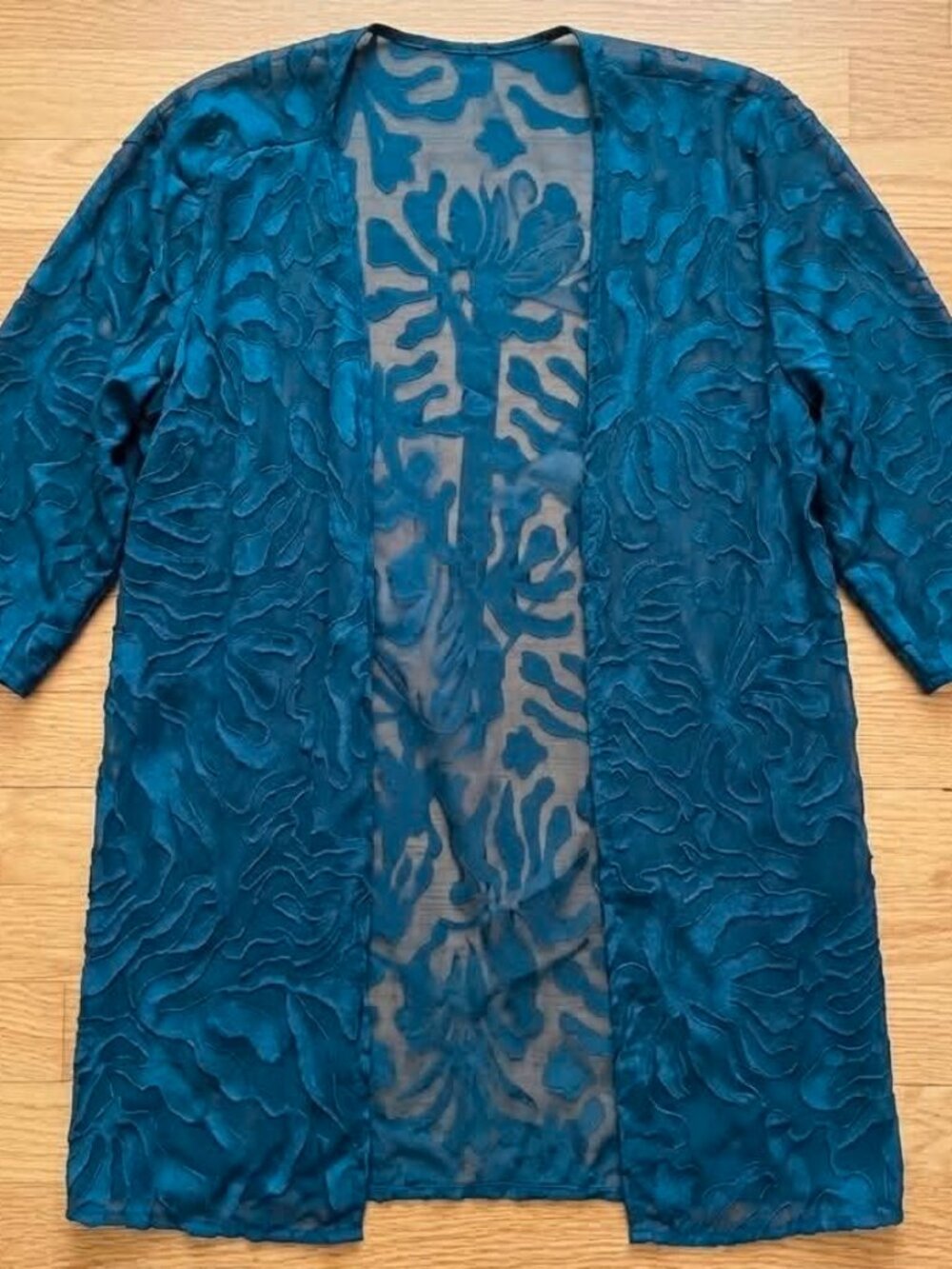 Boho Teal Sheer Mesh Floral Cardigan Duster 3/4 Sleeve #096